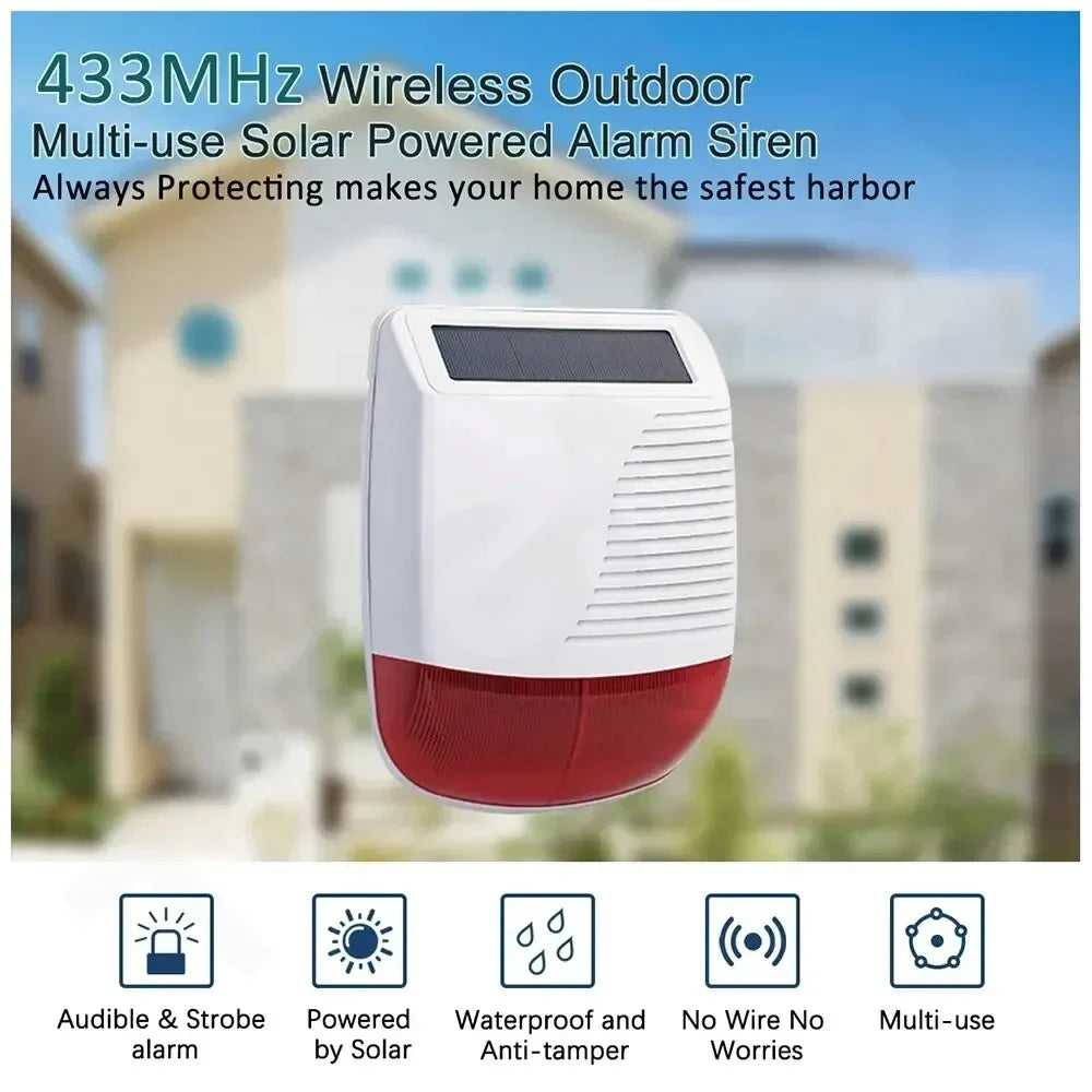 433MHz Solar-powered Wireless Siren Alarm 120dB Outdoor Security Horn