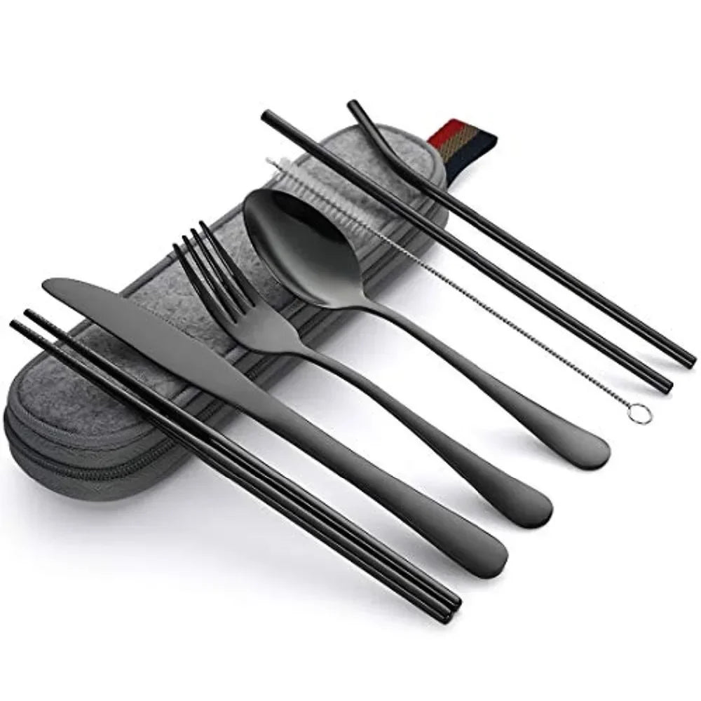 8-Piece Reusable Travel Cutlery Set – Stainless Steel + Case