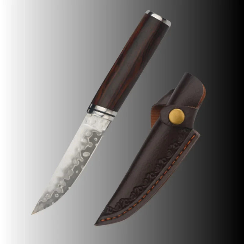 Damascus Fixed Blade Hunting Knife | 10Cr15MoV Steel 3-Inch