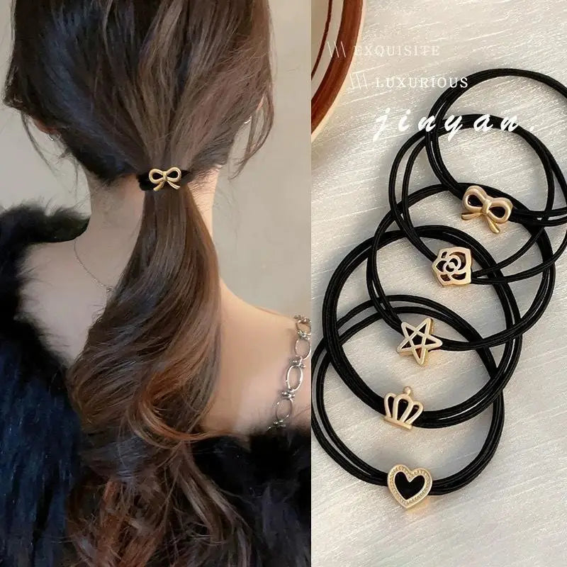 Alloy Charm Elastic Hair Ties 5/10 Pcs – Heart Flower Pentagram