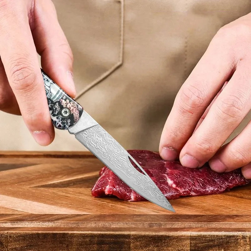 Damascus Steel Folding Pocket Knife – Sharp Blade, Resin Handle