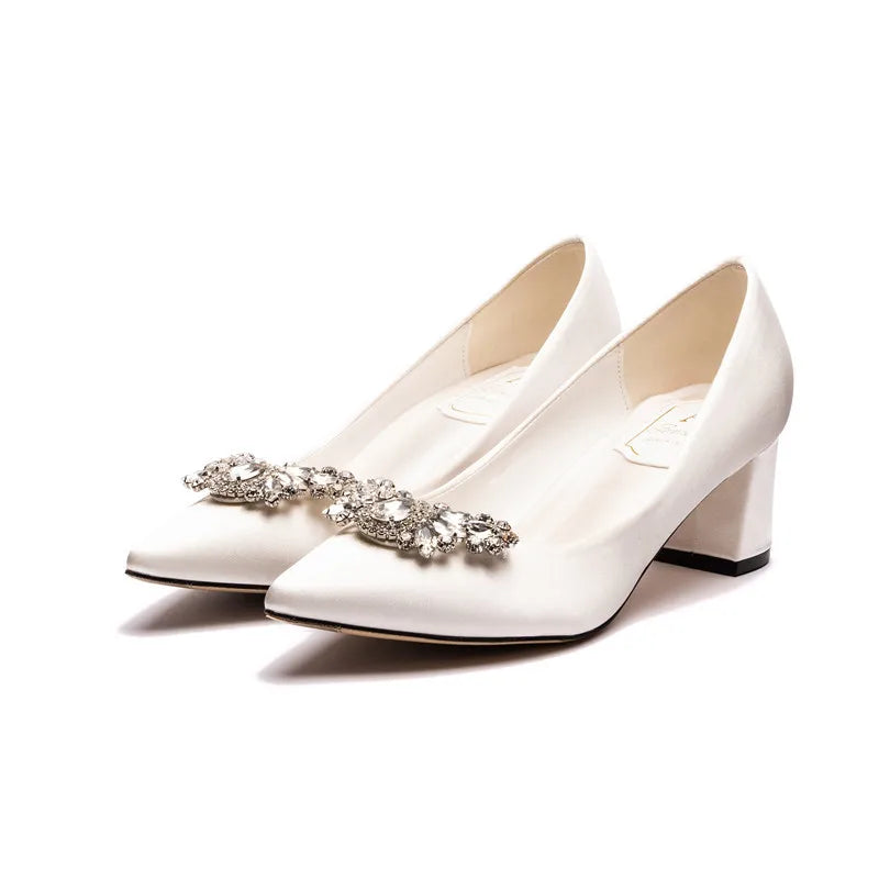 White Rhinestone Bridal Pumps – Pointed Toe Block Heel Sizes 34–43
