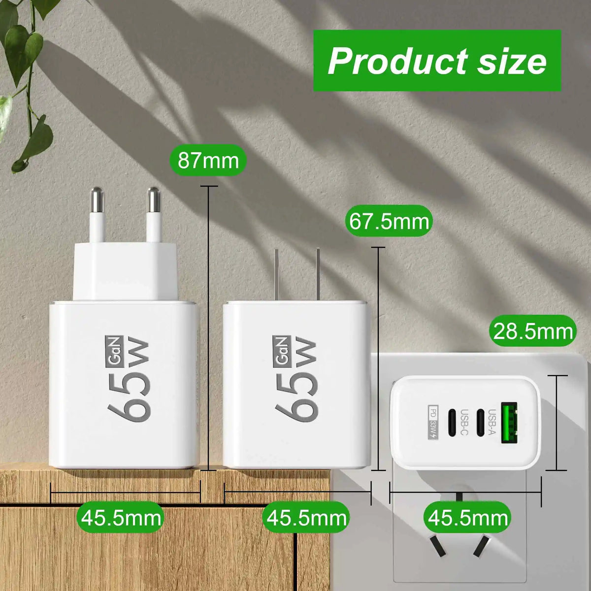 GaN 65W USB-C Fast Charger | 3-Port PD Wall Adapter