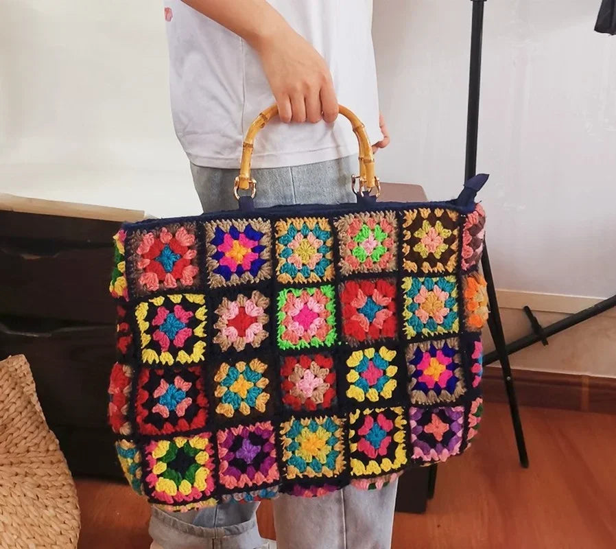 Handmade Crochet Granny Square Boho Woven Shoulder Bag Purse
