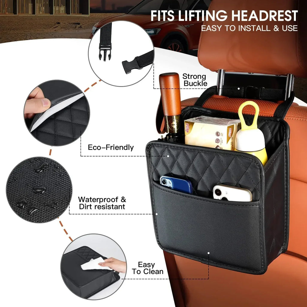Multi-functional Car Seat Back Storage Bag Leather Garbage Can Most