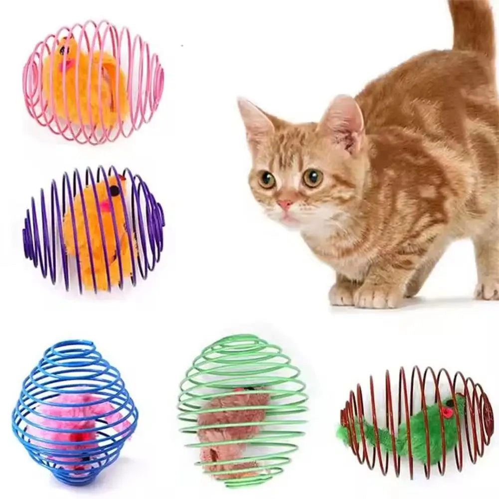 Interactive Caged Spring Cat Toy Ball with Mouse – Random Color