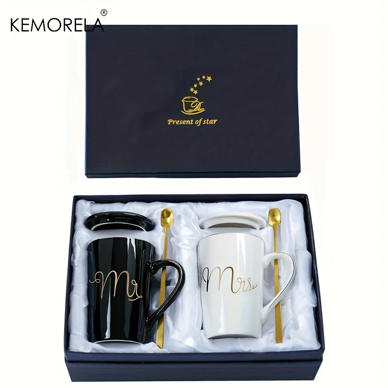 Golden Ceramic Coffee Mug Set with Lids & Spoons 400ml | 2-Pack