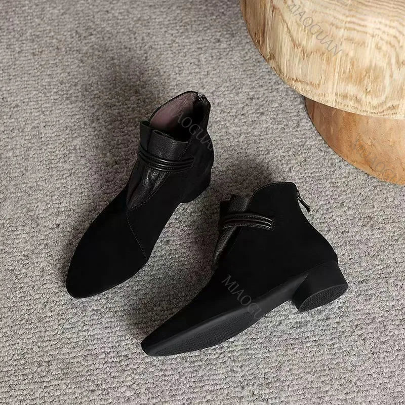 Women's Suede Ankle Boots | Pointed Toe Double Buckle Side Zip