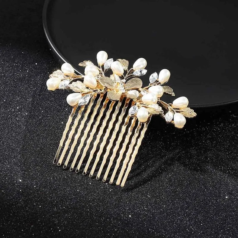 Pearl Bridal Hair Comb – Gold Leaf Wedding Headpiece