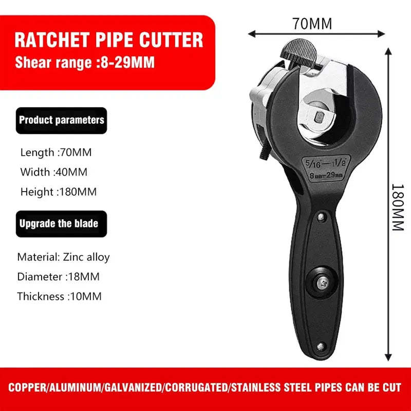 Ratcheting Pipe Cutter 8–29mm | Steel, Copper & Aluminum Tubes