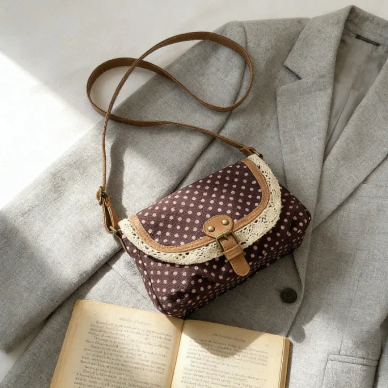 Korean Polka Dot Canvas Crossbody Bag | Small Shoulder Purse