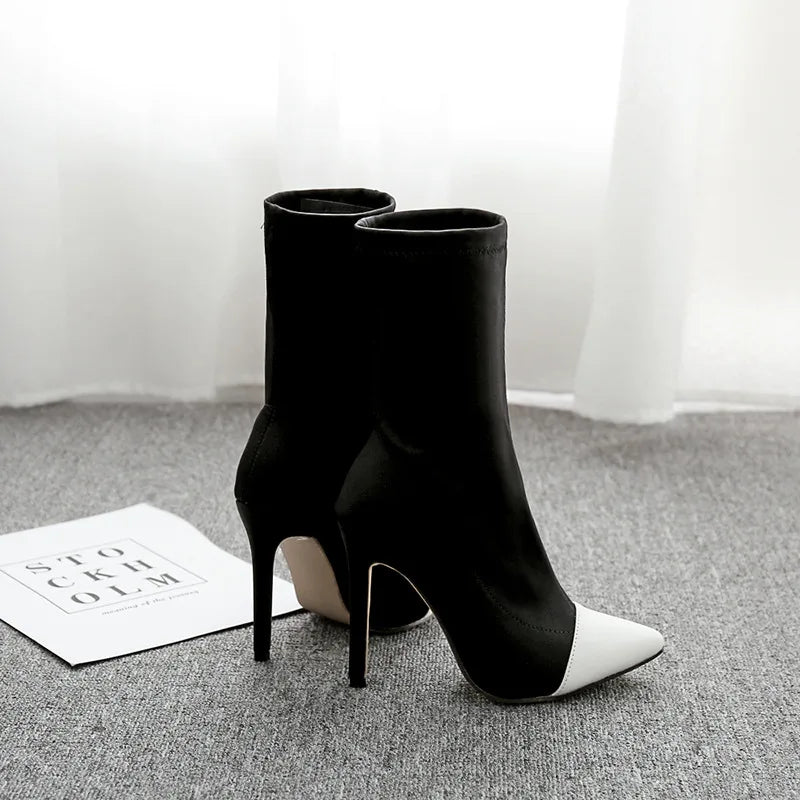 Women's Color Block Ankle Boots – Pointed Toe Stretch Slip-On