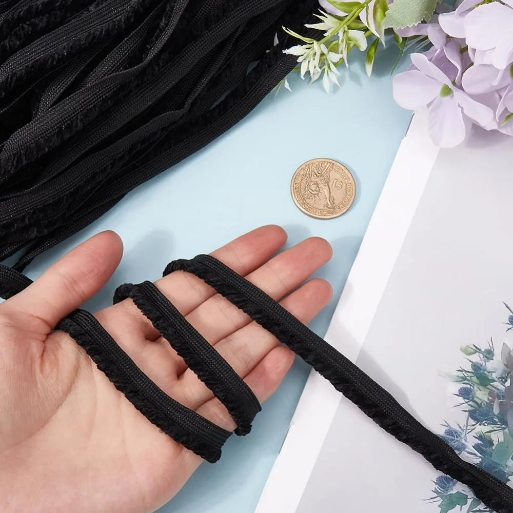 Chenille Lip Cord Piping Trim Tape – Black 3/8 In, 20 Yds