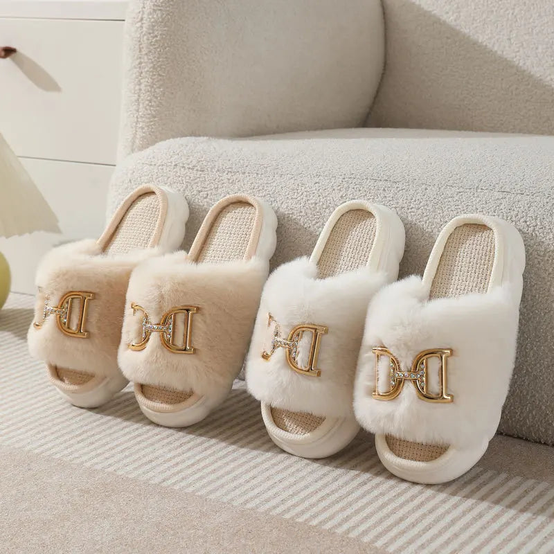 Women's Fluffy Fur Slides Buckle Decor Faux Fur Slippers