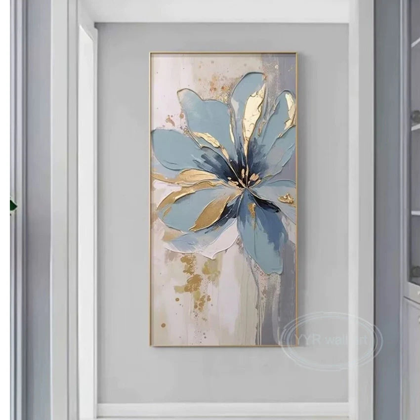 Hand-Painted Blue Floral Oil Painting on Canvas | Wall Art