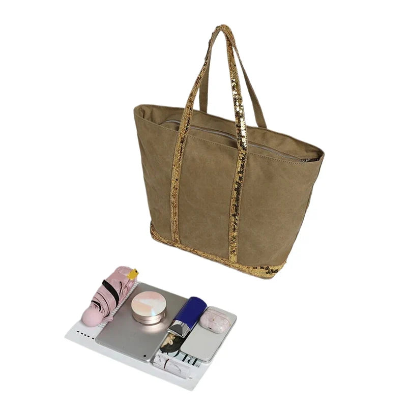 Vintage Canvas Sequin Tote Bag – Large Shoulder Bag for Women
