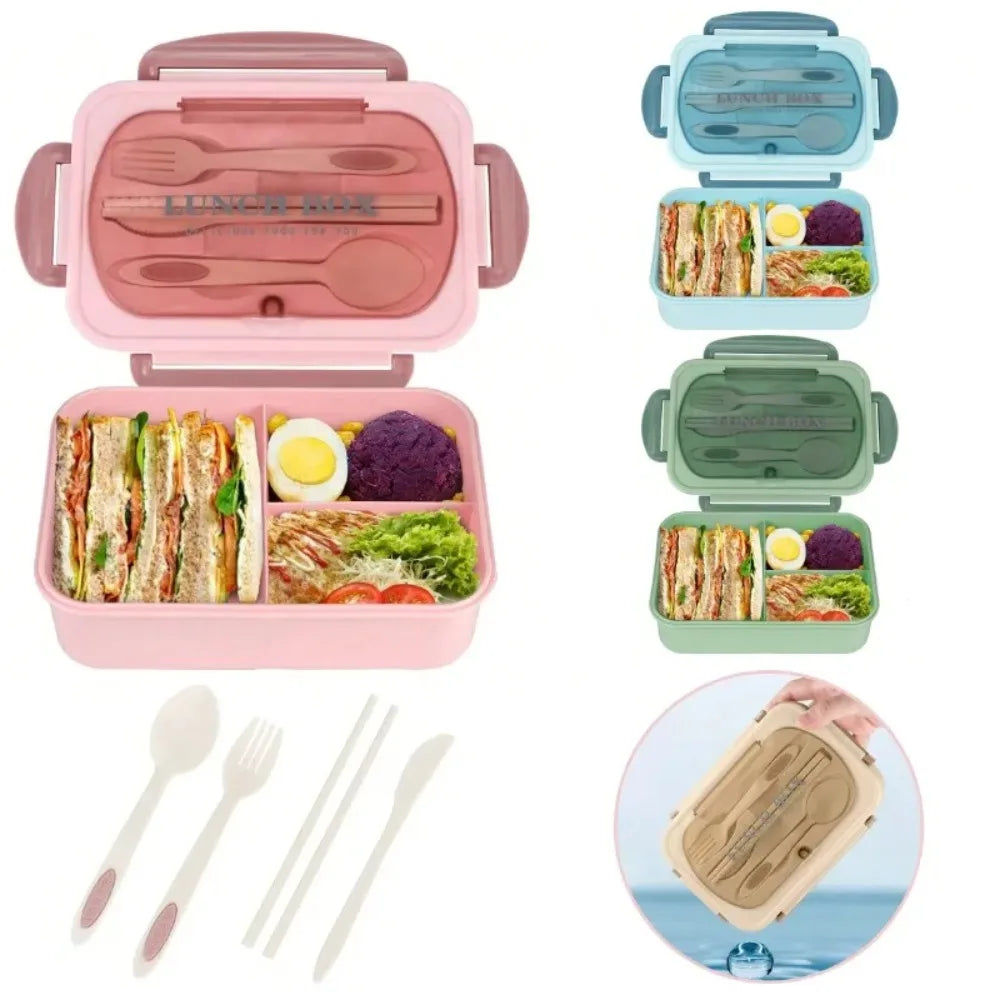 3-Compartment Bento Lunch Box with Built-In Utensils