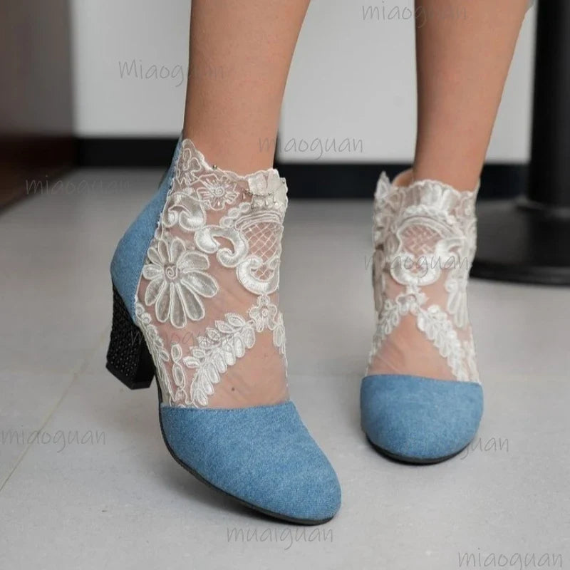 Women's Lace Heeled Gladiator Sandals | Square Heel Booties