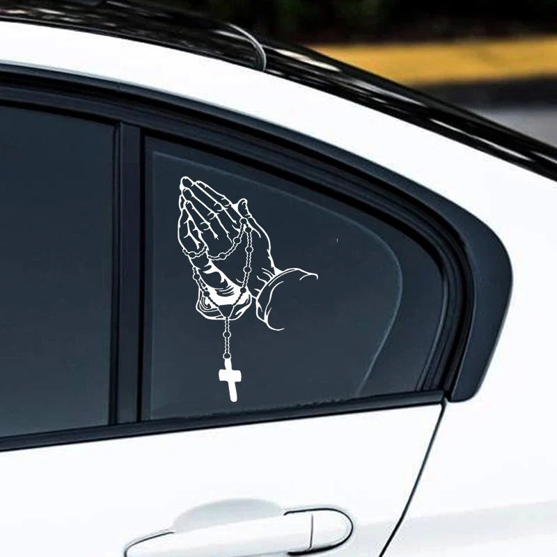 Praying Hands Rosary Car Sticker – Waterproof Religious Decal