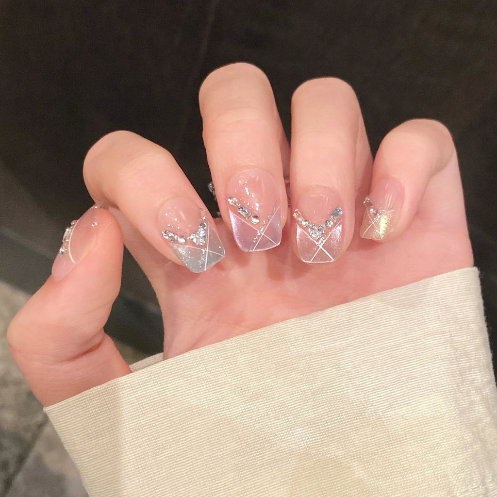 Press-On Nails French Cat Eye Coffin Rhinestone | 10pc Set