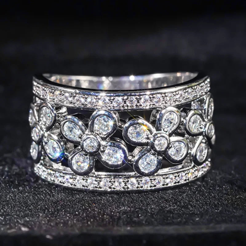 Huitan CZ Flower Ring for Women – Hollow Brass Wedding Band