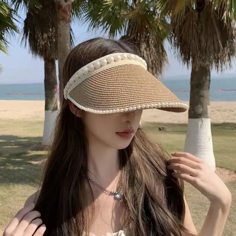 Women's Wide Brim Pearl Straw Sun Hat – Elegant Beach Cap