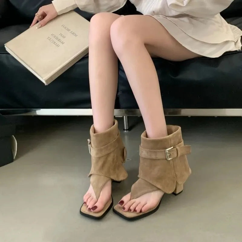 Women's Clip Toe Ankle Boot Sandals | Square Heel Buckle Strap