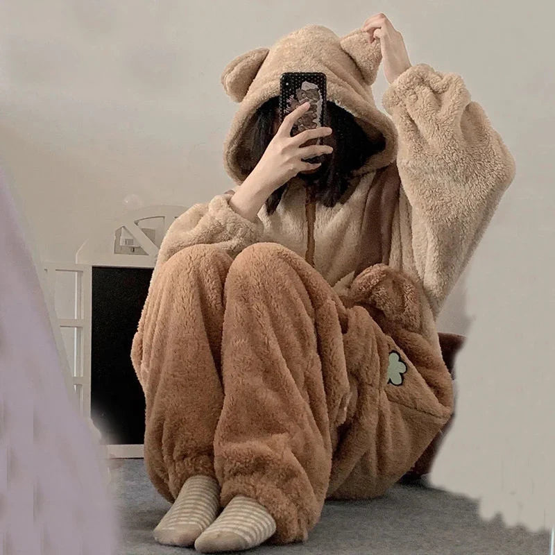 Flannel Animal Onesie Pajamas – Unisex Hooded Bear Sleepwear