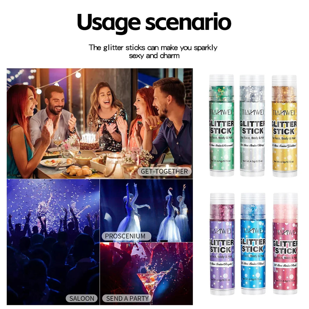 6-Pack Glitter Stick Set – Waterproof Sequin Gel Face & Body
