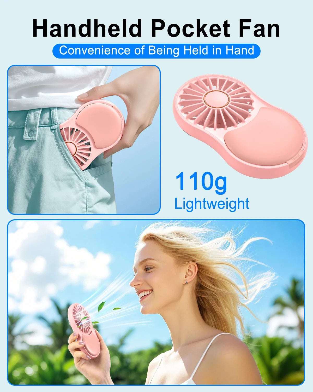 URGGU Mini Pocket Fan with Mirror & Light | USB-C Rechargeable