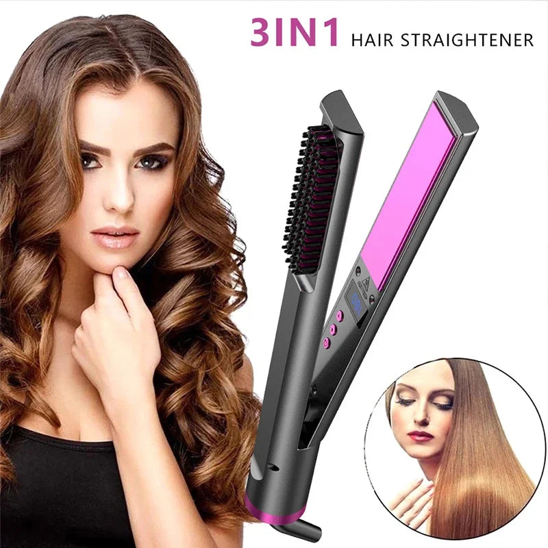 2-in-1 Negative Ion Hair Straightener Brush & Curling Comb