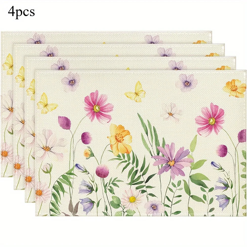 4-Pack Watercolor Wildflower Linen Placemats | Floral & Butterfly