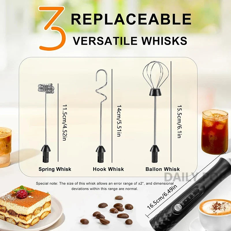 3-Whisk Electric Milk Frother with Stand | 3-Speed Rechargeable