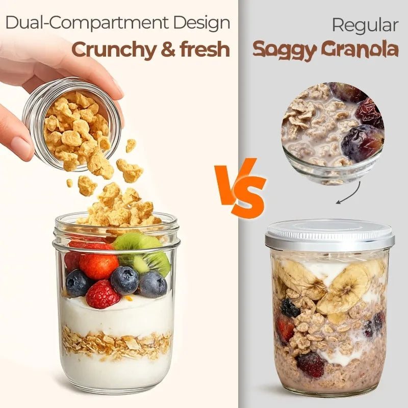 KEMORELA Overnight Oats Jars – Dual-Layer Glass Containers