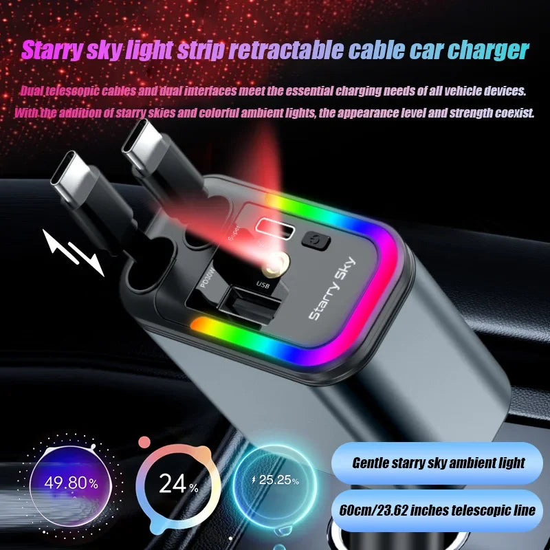 4-in-1 180W Fast Car Charger with 2 Retractable Cables