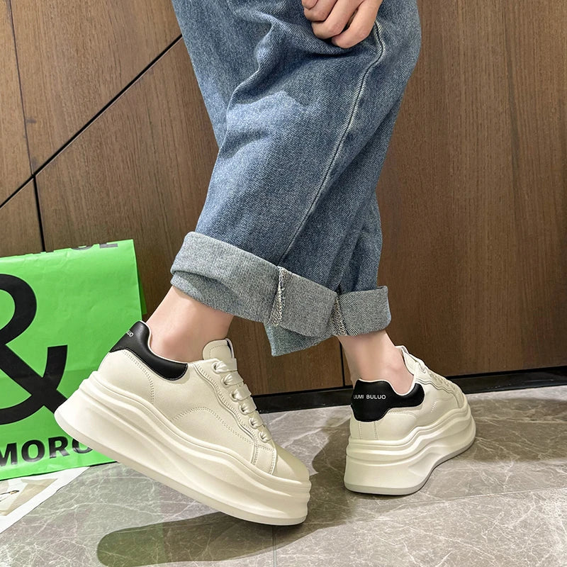 Women's White Platform Sneakers – PU Leather Lace-Up Flats