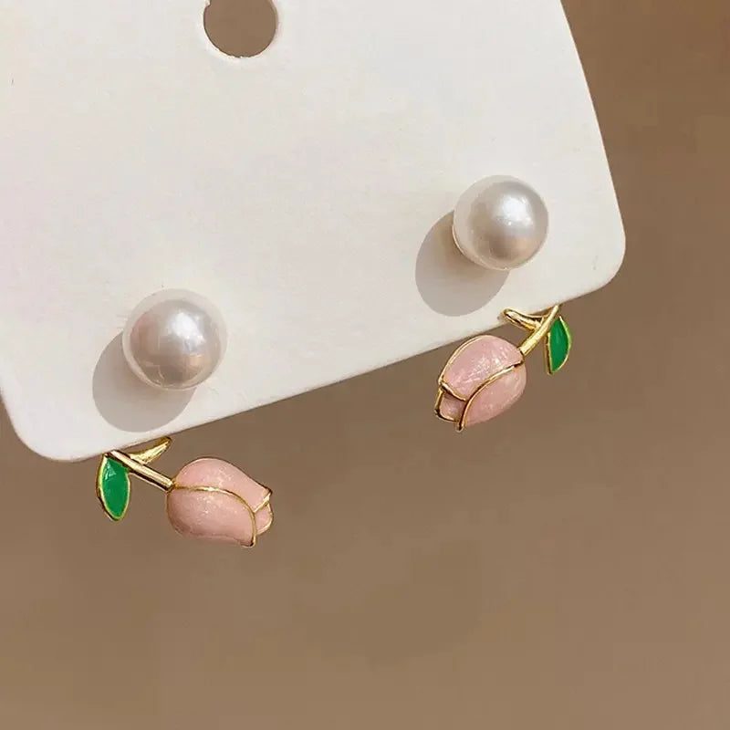 Huitan Pink Rose Stud Earrings with Imitation Pearl | Women