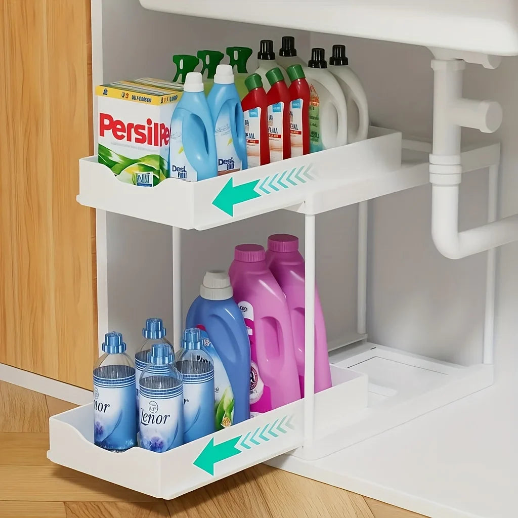 Pull Out Storage Rack 2 Tier Black White Under Sink Organizer