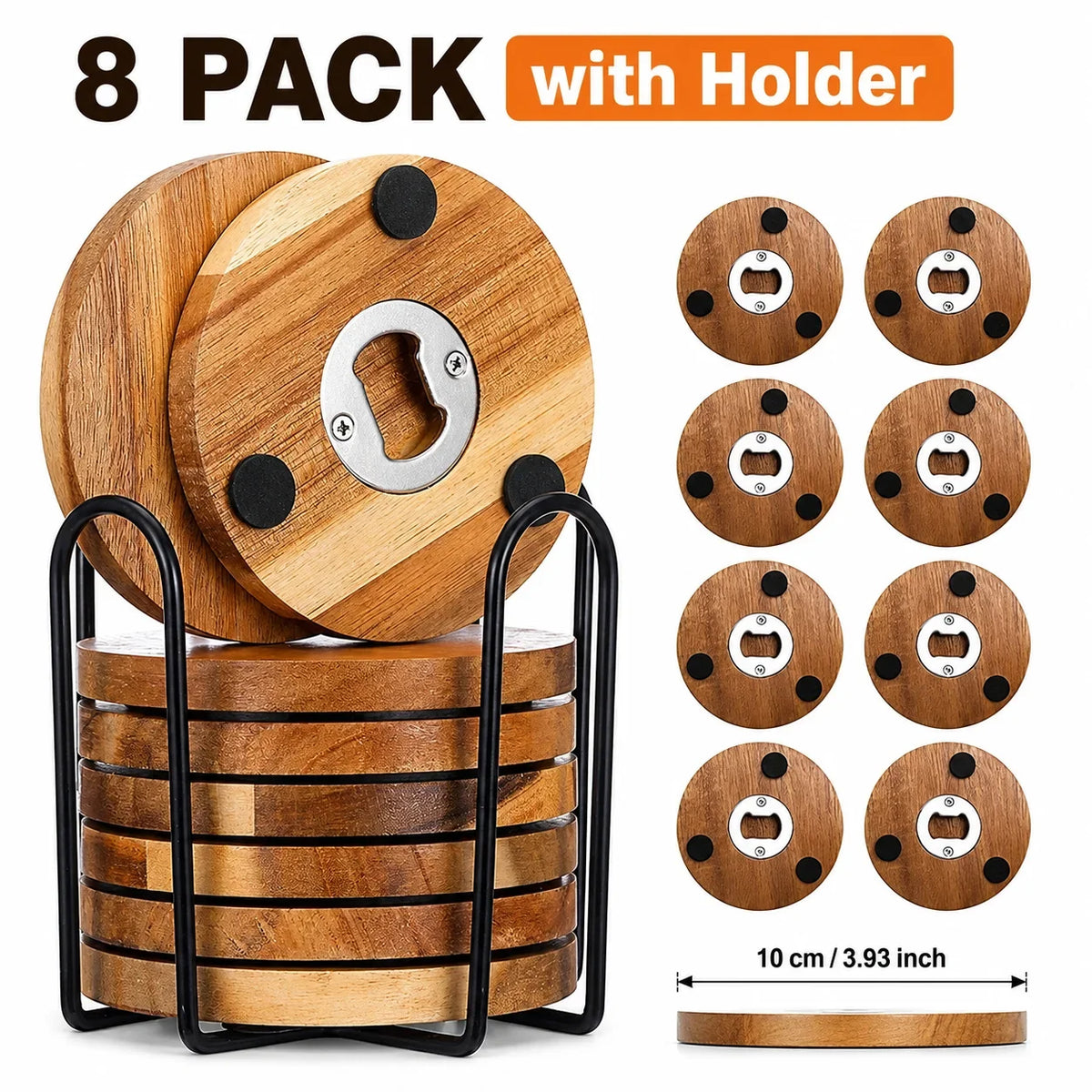 Wooden Coaster with Bottle Opener 2-in-1 | 6 or 8 Pack