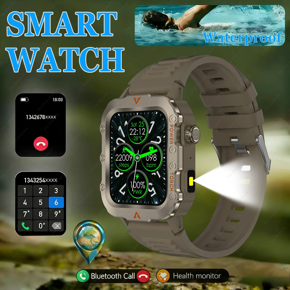 Military GPS Smart Watch Men Flashlight IP68 Waterproof Outdoor Sport
