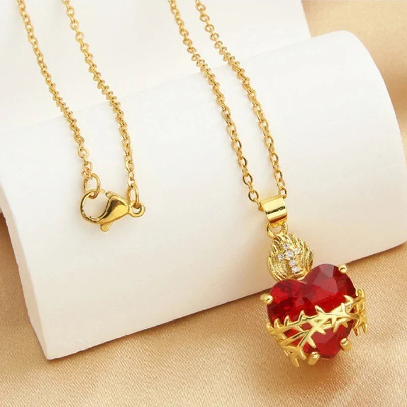 Jesus Cross Choker Necklace – Red Zircon Heart Pendant Women