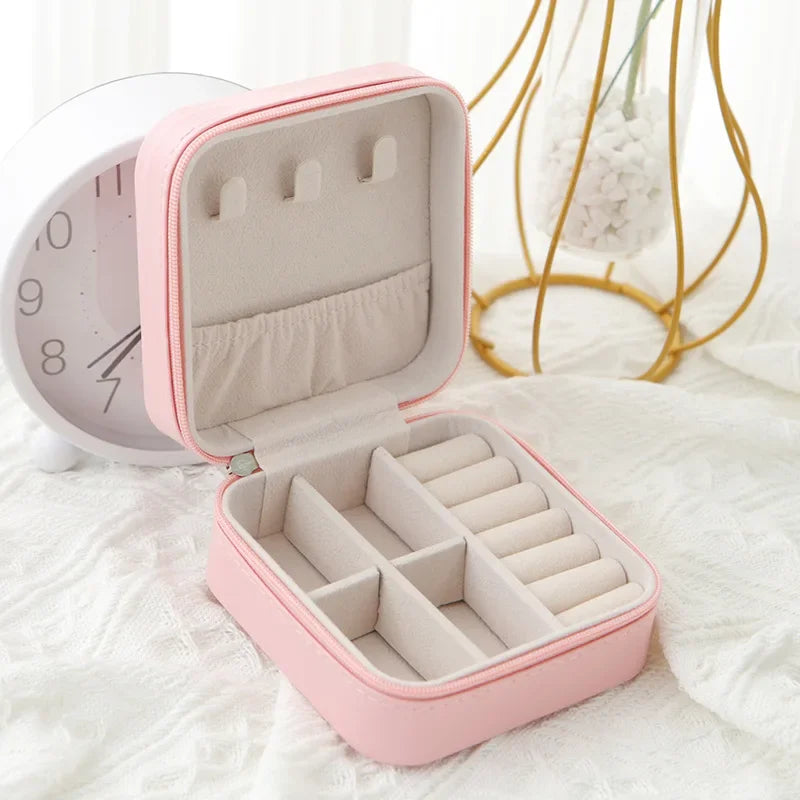 Travel PU Leather Jewelry Box – Zipper Case | Black, Pink, White