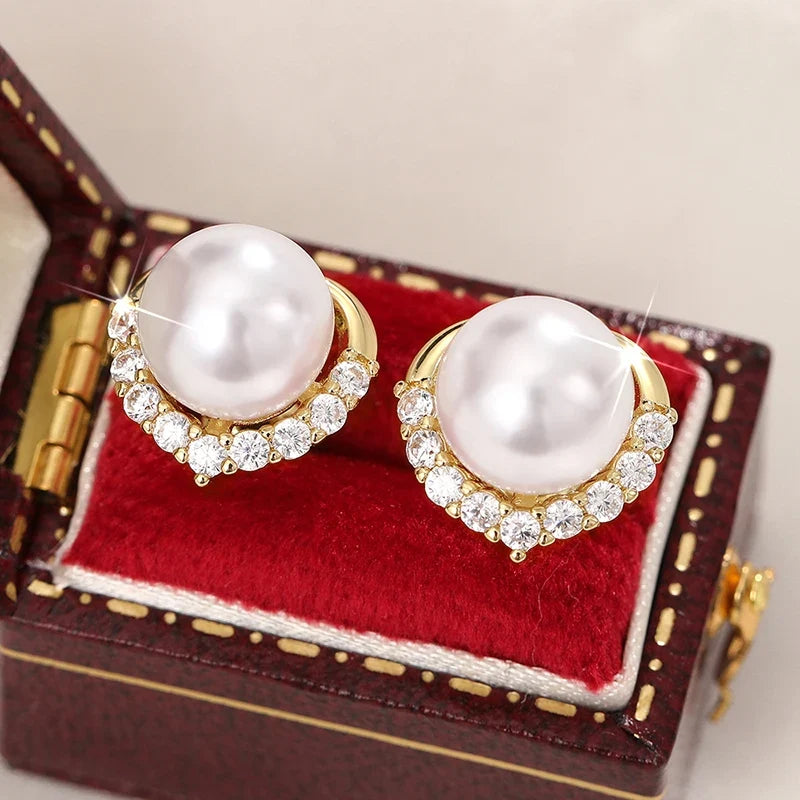 Huitan Heart Pearl Stud Earrings – Women's Trendy Fashion Jewelry