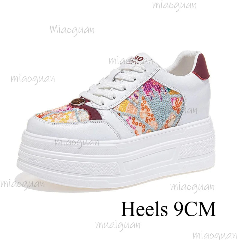 Women's Crystal Chunky Platform Sneakers – Thick Sole Lace-Up