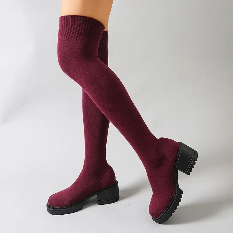 Women's Over-the-Knee Chunky Heel Stretch Knit Sock Boots