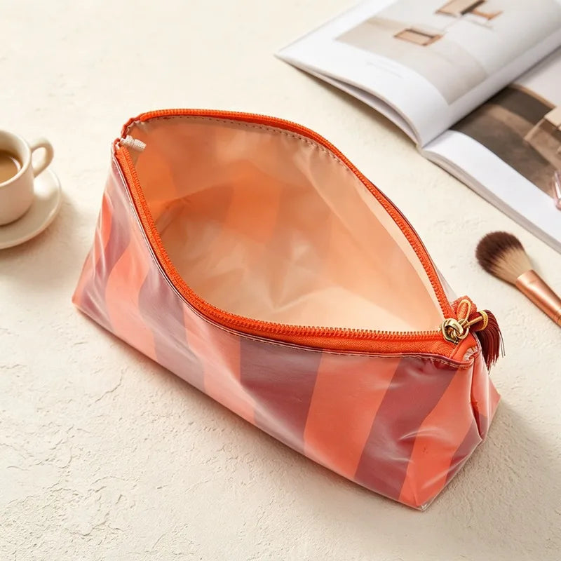 2026 PVC Striped Cosmetic Bag Makeup Fringe Zipper Waterproof Travel