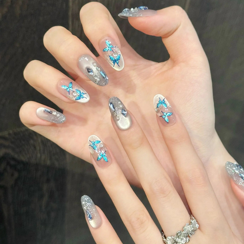 10pcs Glitter Gradient Press On Nails – Sea Blue Butterfly Cat's Eye