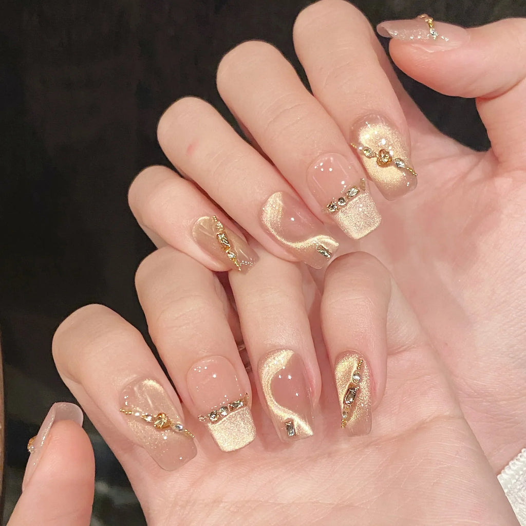 10pcs Press-On Nails | Gold Diamond Cat Eye Glitter Tips