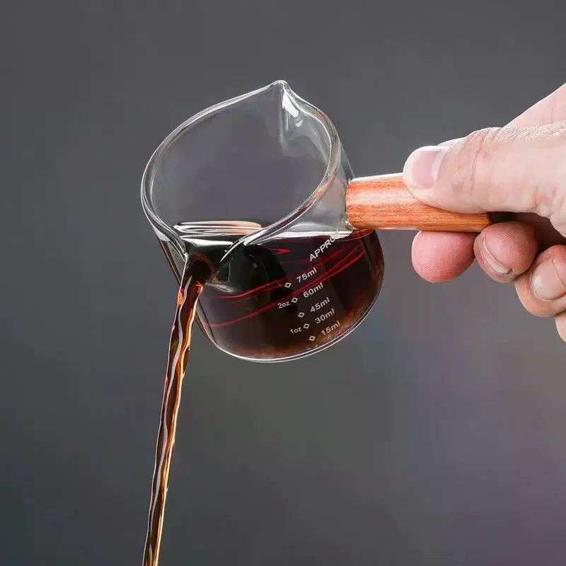 Glass Espresso Measuring Cup with Wood Handle | ml & oz
