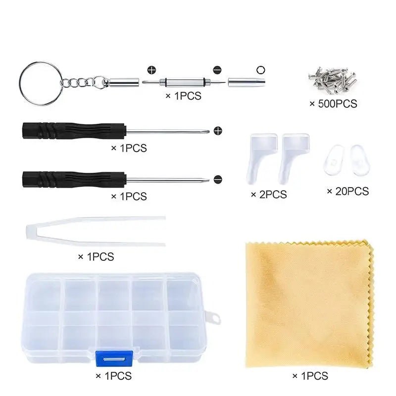 500-Piece Eyeglass Repair Kit – Screws, Nose Pads & Screwdriver
